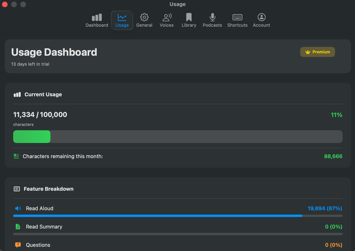 Aloudly Usage Tracking - Monitor your character usage and limits